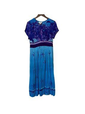 Tropical Print Maxi Dress Blue & Purple Short Sleeve Tie Waist Casual Boho gauze